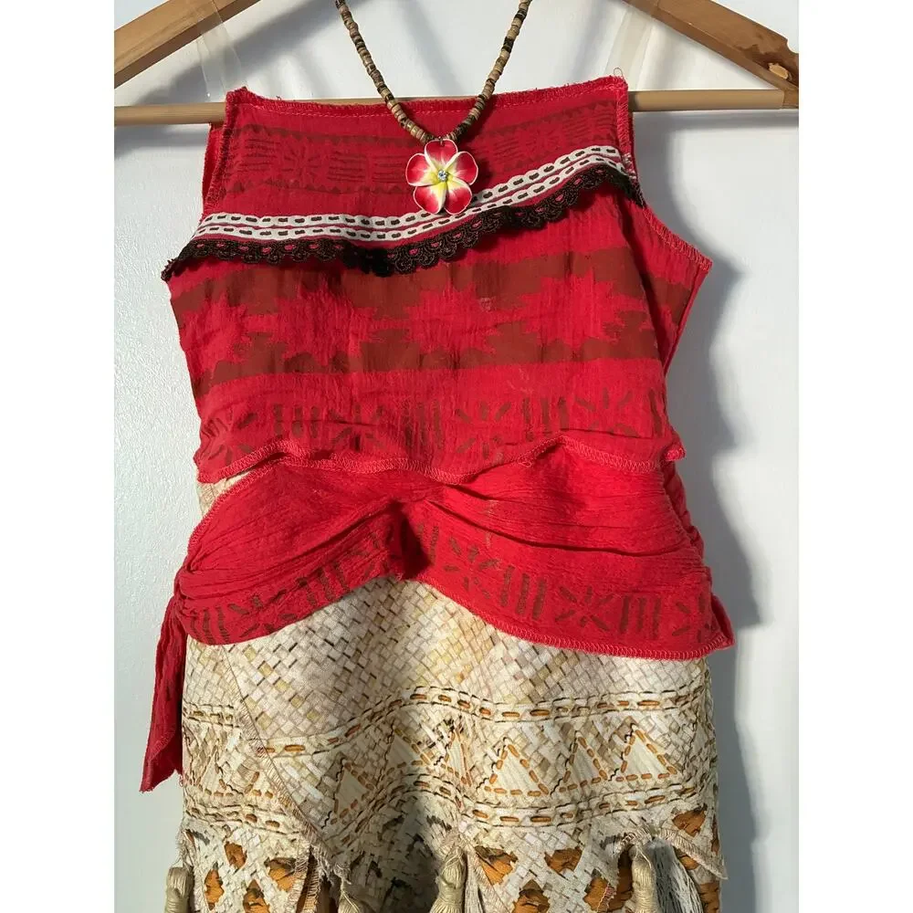 Disney Moana Halloween Costume Dress w/Hibiscus Flower Puka Necklace Size 5